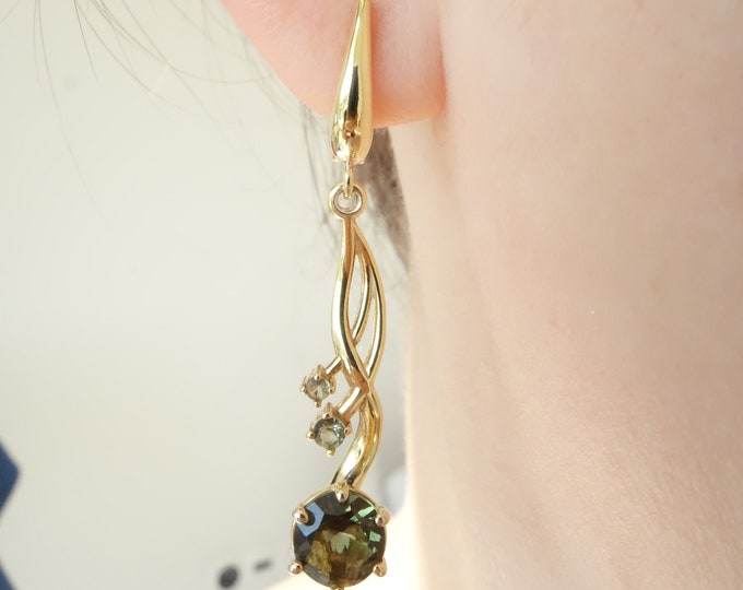 Gold plated silver earrings Faerie with  real faceted round Czech meteorite moldavite - vltavin with English Lock certificate authenticity