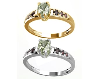 Ring with Czech garnet and faceted drop pear moldavite engagement ring 6, 7, 8 size Sterling Silver 22K, White Gold 14K, 585 Yellow Gold 14K