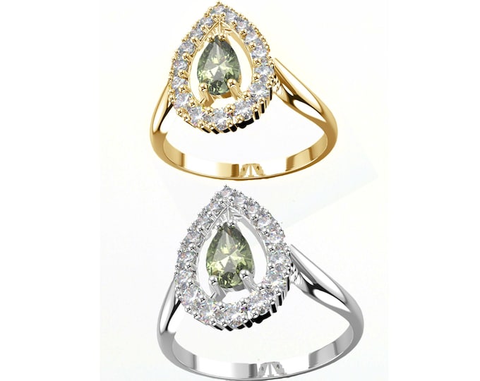 Ring Queen with drop pear Czech faceted moldavite zirconia, engagement ring 6 7 8 size Sterling Silver 22K, White Gold 14K, Yellow Gold 14K