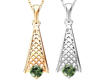 Pendant comet with faceted round Czech meteorite moldavite 925 Sterling Silver 22 K, 585 White Gold 14 K, 585 Yellow Gold 14 K