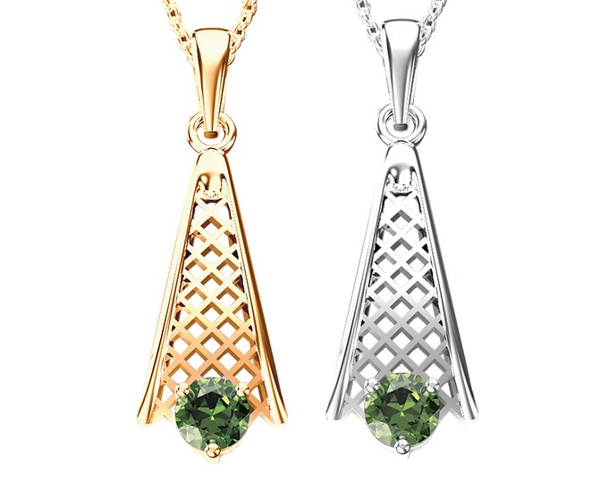 Pendant comet with faceted round Czech meteorite moldavite 925 Sterling Silver 22 K, 585 White Gold 14 K, 585 Yellow Gold 14 K