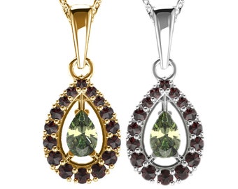 Pendant with faceted Czech moldavite and garnets white and yellow gold 925 Sterling Silver 22 K, 585 White Gold 14 K, 585 Yellow Gold 14 K