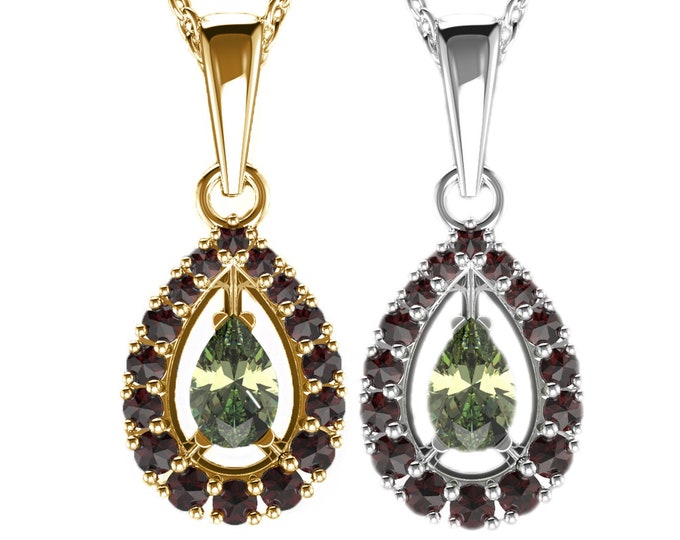 Pendant with faceted Czech moldavite and garnets white and yellow gold 925 Sterling Silver 22 K, 585 White Gold 14 K, 585 Yellow Gold 14 K