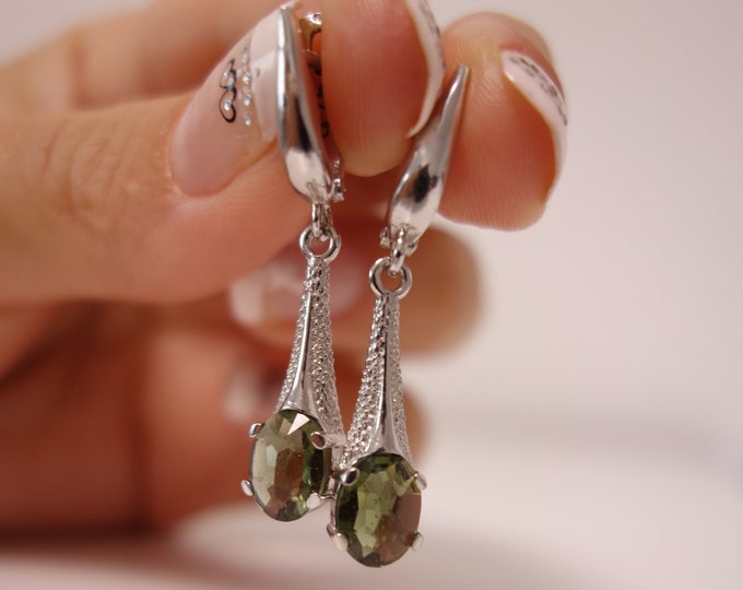 Silver chandelier dangle earrings with natural faceted rare green oval Czech moldavite - vltavin and English Lock certificate authenticity