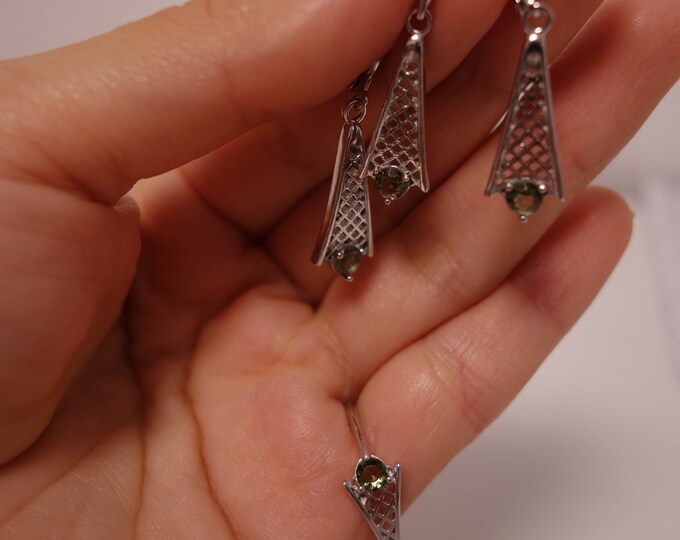 Set of silver jewelry with dangling chandelier earrings, pendant and silver ring with natural czech certificated meteorite moldavite vltavin