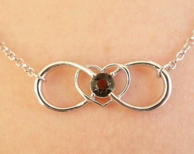 Silver necklace heart-infinity with natural faceted rare Czech meteorite moldavite-vltavin Ag 925/1000, 22K + Rh certificate authenticity