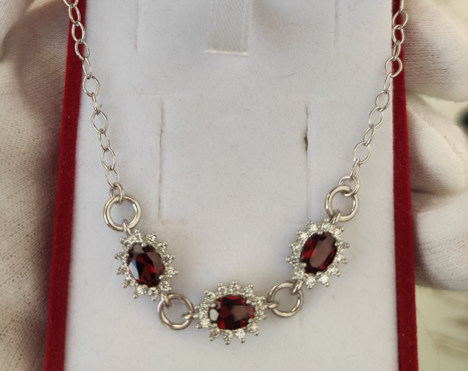 Silver Kate oval garnet luxury necklace with clear cubic zirconia red Pyrope necklace certificate of authenticity sterling Ag 925/1000 22K