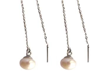 Sterling silver threader earrings Natural white freshwater Pearl on Chain 925 sterling silver bridal pearls gift for her