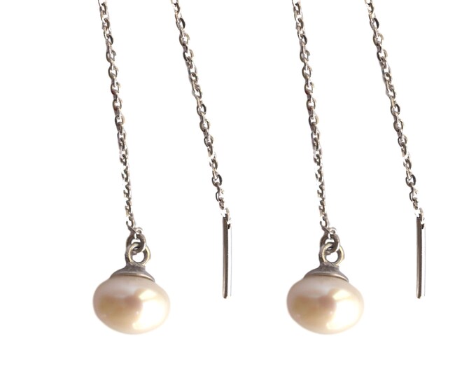Sterling silver threader earrings Natural white freshwater Pearl on Chain 925 sterling silver bridal pearls gift for her