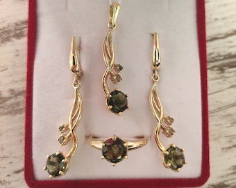 Gold plated gilded silver set pendant, ring, earrings Faerie with real Czech meteorite moldavite vltavin, certificate authenticity in stock