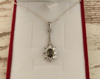 Moldavite Silver Pendant Necklace: Czech Meteorite, Cubic Zirconia, Authenticity Certificate