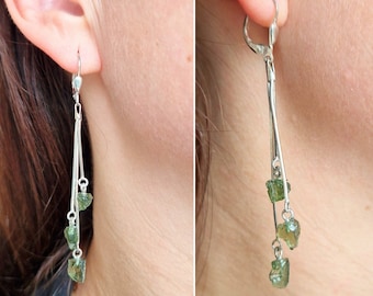 Moldavite earrings Silver dangle drop chain raw uncut earrings with moldavite - vltavin and cubic clear zircon certificate authenticity