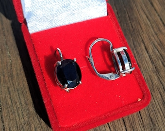 Silver sapphire earrings Oval deep dark blue natural gemstone