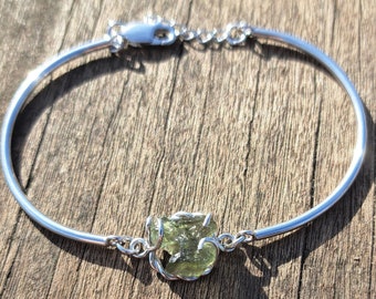 Silver hard moldavite bracelet uncut certificated meteorite raw authentic Czech moldavite - vltavin sterling silver 925/1000, 22 K, Ag+Rh