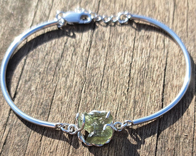 Silver hard moldavite bracelet uncut certificated meteorite raw authentic Czech moldavite - vltavin sterling silver 925/1000, 22 K, Ag+Rh