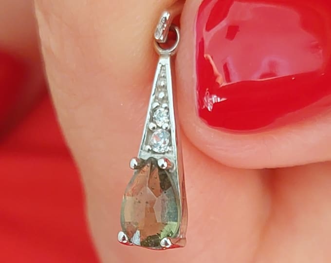 Luxury Pendant Sirius with natural certificated pear drop vltavin moldavite and cubic zirconia in 585 Yellow Gold 22 K gift for her