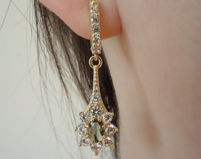 Gold plated silver earrings Angel with faceted oval moldavite - vltavin and cubic clear zircon with English Lock certificate authenticity