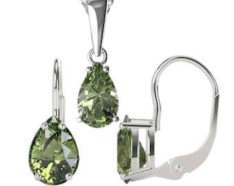 Faceted Moldavite Jewelry Set: Sterling Silver Drop Earrings & Pendant