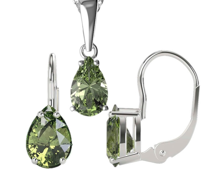 Faceted Moldavite Jewelry Vltavin set of drop shaped earrings and pendant Rare green gem stone Meteorite stone Gift for her certificated