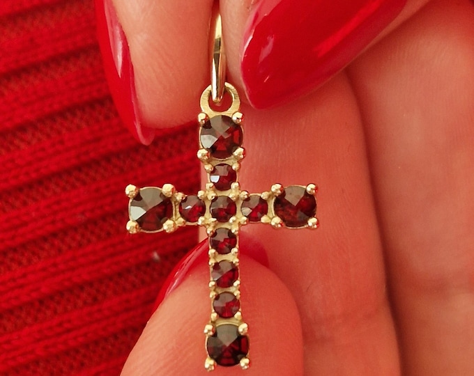 Cross with Czech garnet January birthstone in white and yellow gold 925 Sterling Silver 22 K, 585 White Gold 14 K, 585 Yellow Gold 14 K