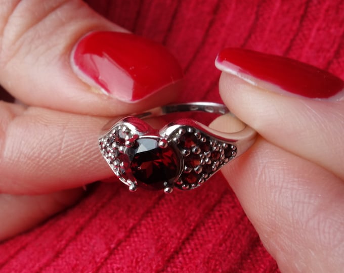 Silver engagement ring volcano with round Czech garnet pyrope January birthstone, Sterling Silver certificate, any size 6, 7, 8 in stock