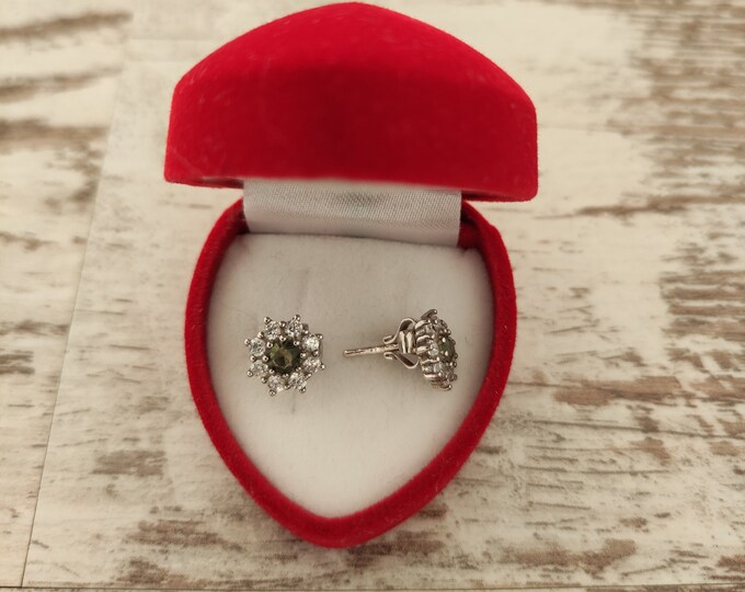 Silver stud screws earrings Snowdrop with faceted real flower moldavite - vltavin and cubic clear zircon with  certificate authenticity