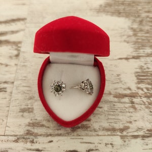 Silver stud screws earrings Snowdrop with faceted real flower moldavite - vltavin and cubic clear zircon with  certificate authenticity