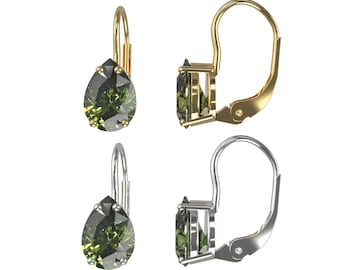 Earrings leverback with natural moldavite vtalvin in 925 Sterling Silver 22 K, 585 White Gold 14 K, 585 Yellow Gold 14 K, Gilded silver 925