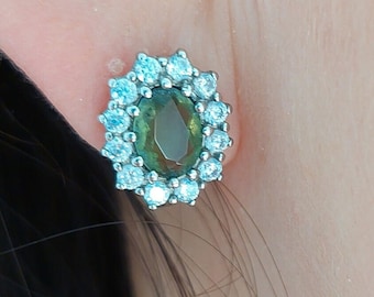 Sterling Silver Moldavite Earrings: Oval Vltavin & Zircon