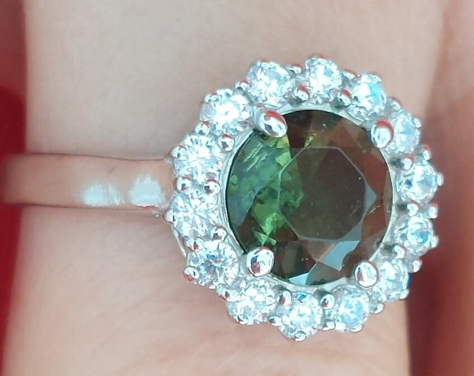 Simple Silver ring Green Sun with round circle Czech moldavite vltavin faceted meteorite, certificate authenticity custom any size 6,7,8,9