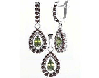 Moldavite Garnet Sterling Silver Earrings and Pendant Set