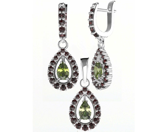 Set with faceted real natural meteorite Czech certificated drop pear moldavite and garnets earrings pendant Sterling Silver 925 22K, luxury