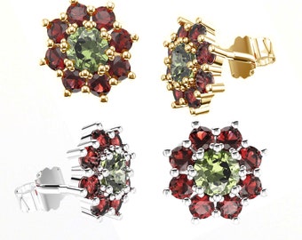 Silver poinsettia stud earrings with Czech garnets and moldavite 925 Sterling Silver 22 K, 585 White Gold 14 K, 585 Yellow Gold 14 K