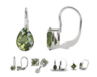 Silver tiny earrings with Czech vltavin, moldavite. Claps, English lock, Stud earrings, screws, in a shape of drop, pear, heart certificated