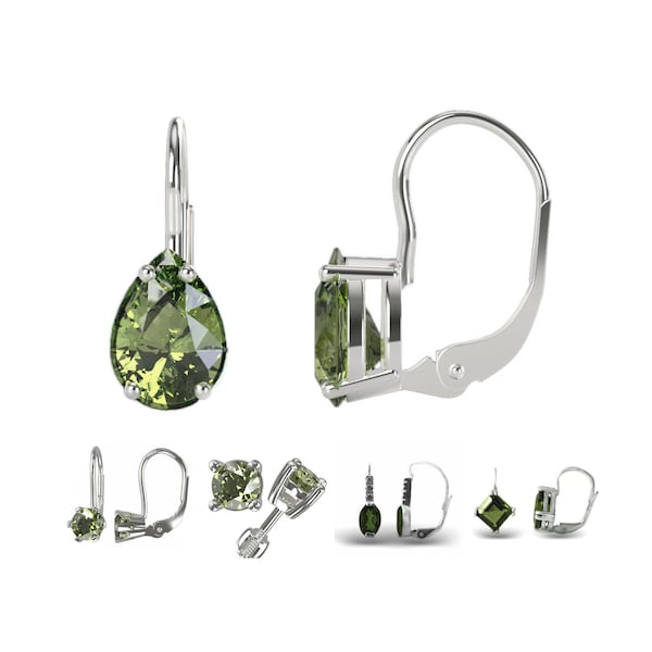 Petites boucles d'oreilles en argent avec vltavin tchèque, moldavite. Fermoirs, cadenas anglais, clous d'oreilles, vis, en forme de goutte, poire, coeur certifié