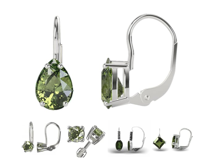 Silver tiny earrings with Czech vltavin, moldavite. Claps, English lock, Stud earrings, screws, in a shape of drop, pear, heart certificated