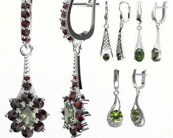 Silver dangle chandelier earrings english lock with real natural Czech moldavite - vltavin and garnet - pyrope with certificate authenticity