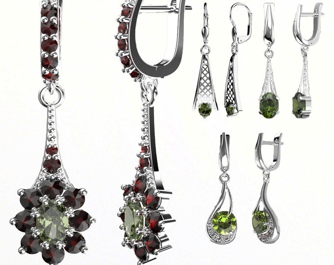 Silver dangle chandelier earrings english lock with real natural Czech moldavite - vltavin and garnet - pyrope with certificate authenticity