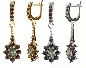 Moldavite Garnet Dangle Earrings: Sterling Silver, 22K Gold