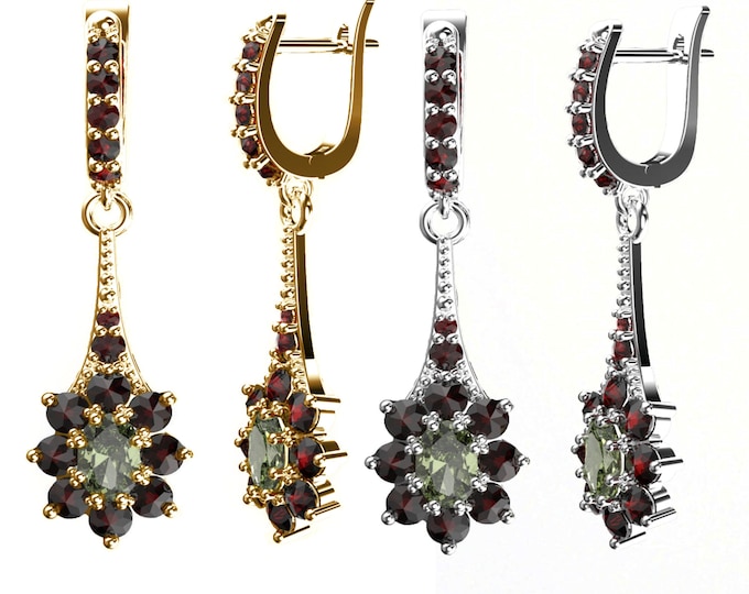 Moldavite Garnet Dangle Earrings: Sterling Silver, 22K Gold