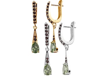 Earrings with faceted drop Czech moldavite and garnets English Lock 925 Sterling Silver 22 K, 585 White Gold 14 K, 585 Yellow Gold 14 K