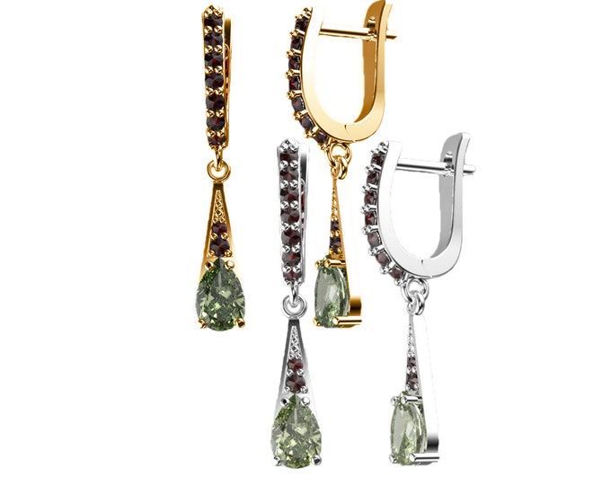Earrings with faceted drop Czech moldavite and garnets English Lock 925 Sterling Silver 22 K, 585 White Gold 14 K, 585 Yellow Gold 14 K