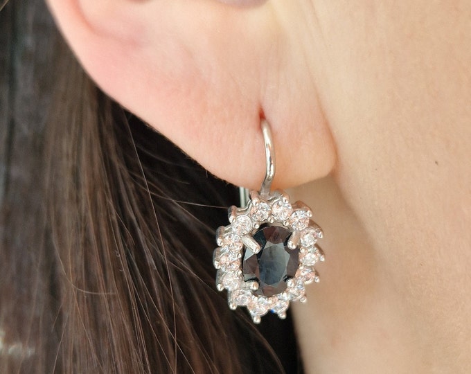 Silver sapphire earrings with cubic zirconia, Oval deep dark blue natural gemstone, claps sterling silver earrings kate, french lock