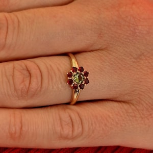 Poinsettia silver engagement ring with Czech garnets and moldavite 925 Sterling Silver 22 K, 585 White Gold 14 K, 585 Yellow Gold 14 K