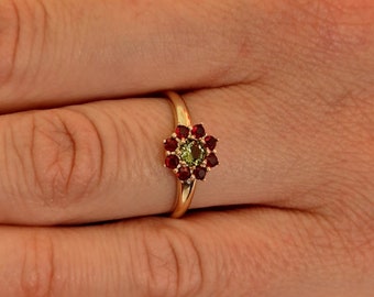 Poinsettia silver engagement ring with Czech garnets and moldavite 925 Sterling Silver 22 K, 585 White Gold 14 K, 585 Yellow Gold 14 K