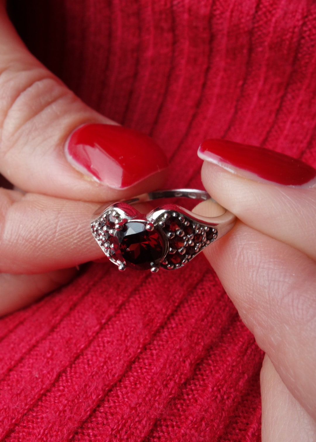 Silver Engagement Ring Volcano With Round Czech Pyrope January