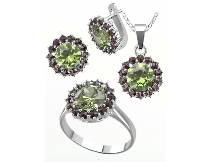 Jewelry with faceted natural Czech certificated round moldavite and red garnets earrings pendant ring size 6 7 8 Sterling Silver 925, 22 K