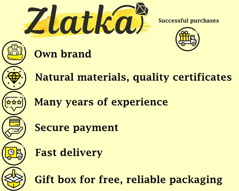 May include: A yellow and black illustration of a shopping cart with a gift box inside. The text "Successful purchases" is above the illustration. Below the illustration are six bullet points with icons and text describing the benefits of shopping with the company. The text includes: "Own brand", "Natural materials, quality certificates", "Many years of experience", "Secure payment", "Fast delivery", and "Gift box for free, reliable packaging".