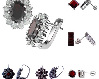 Silver Czech Garnet Earrings: January Birthstone, Zircon Accents