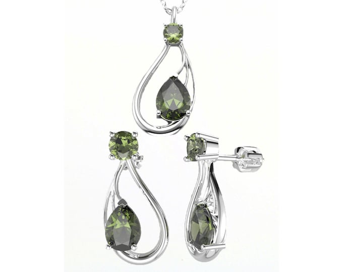 Jewelry set Aphrodite with drop pear facet Czech luxury meteorite moldavite vltavin earrings pendant certificated Sterling Silver 925 22K